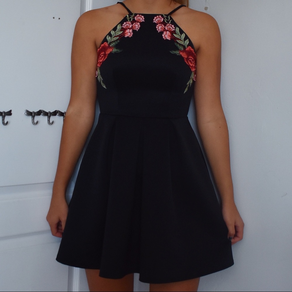 Formal Fit and Flair Rose Embroidered Dress